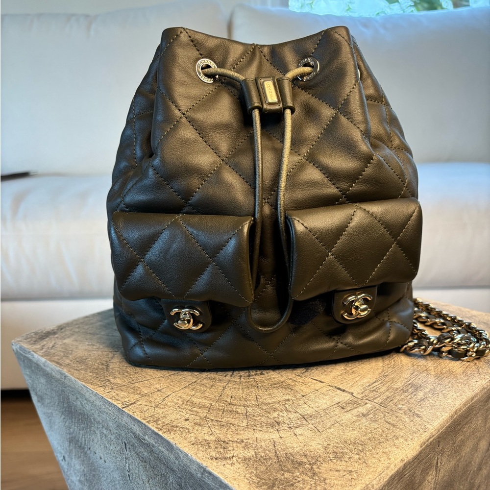 CHANEL Quilted Olive Green Drawstring Backpack with Front Pockets